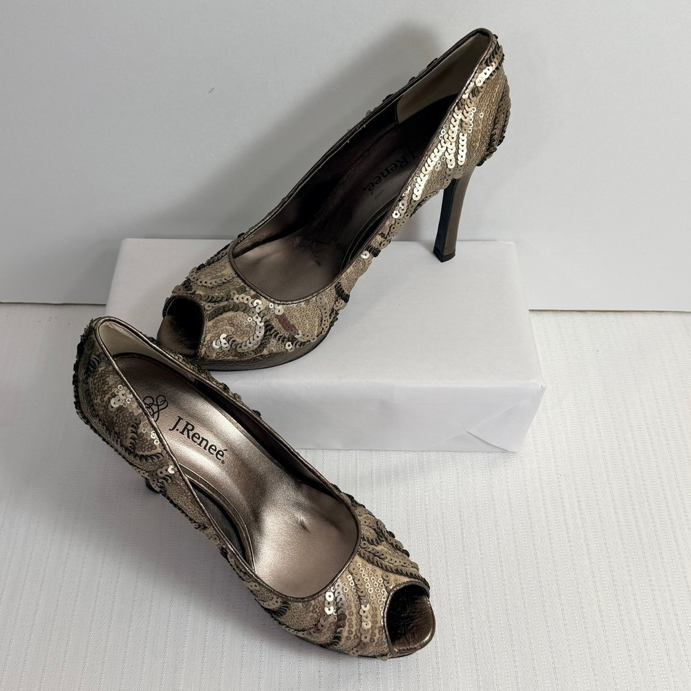 J. Renee Peep Toe Platform Pumps Kenzie 9.5 Bronze Sequin Stiletto Heels Glam - Picture 2 of 8